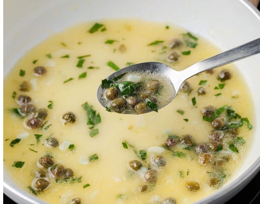 Spoonful of lemon-caper butter sauce with chopped parsley lifted from a skillet.